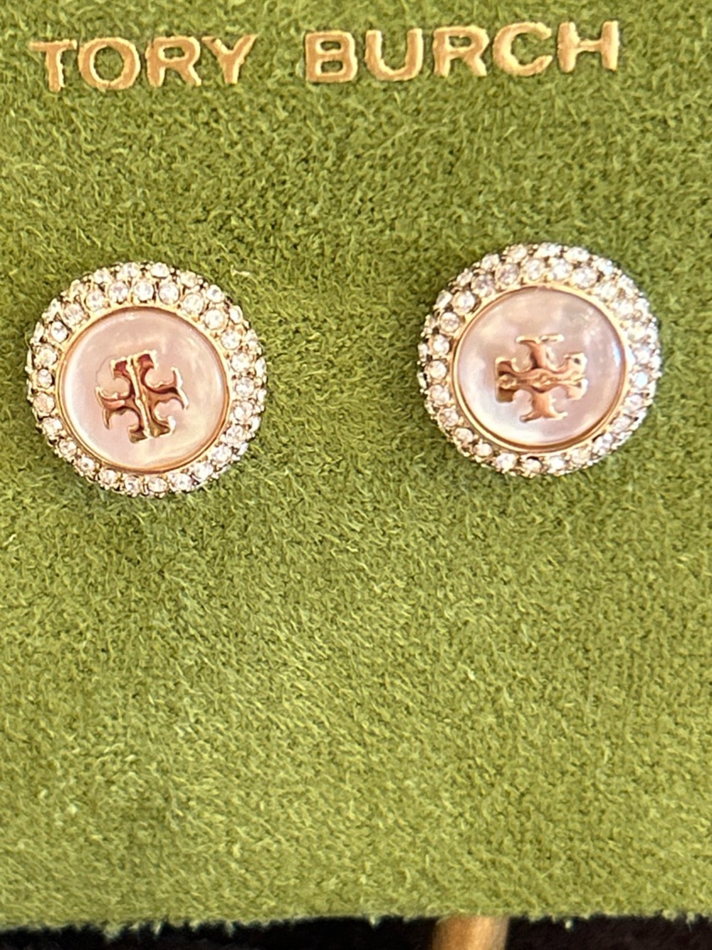 Tory Burch Gold-Tone mother of Pearl pave Logo Stud Earrings gold color new